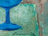 a painting of a blue wine glass on a table