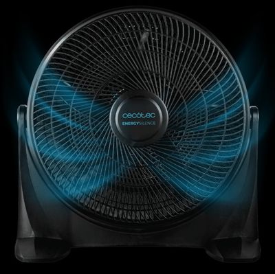 un ventilateur noir surmonté d'une lumière bleue