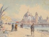 a painting of people walking on the beach near the water