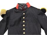a black jacket with gold buttons and a red collar