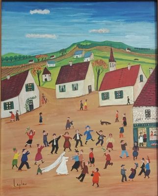 painting of a village scene with people dancing and playing with a dog