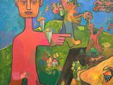 a painting of a man holding a glass of water