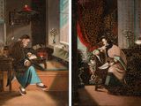 two paintings of a woman sitting at a table reading a book