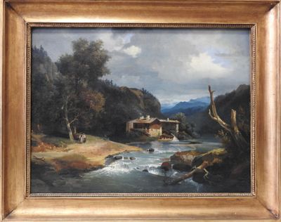 École ITALIENNE - XIXeme Paysage animé à la fabrique.