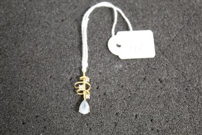 a close up of a necklace with a tag attached to it