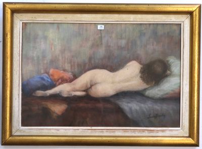 painting of a naked woman laying on a bed in a gold frame