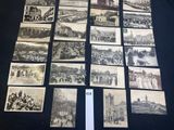 several old black and white photographs of people and buildings on a table