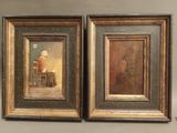 two framed paintings of a man sitting at a table and a woman sitting at a table