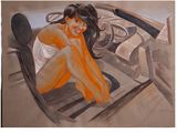 tableau représentant une femme assise dans une voiture de sport, la main posée sur la tête