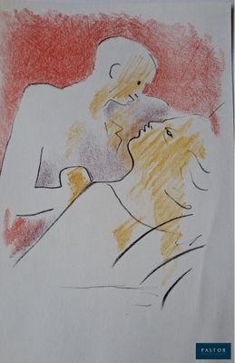 dessin représentant un homme et une femme dans un lit, sur fond rouge