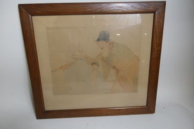 tableau représentant un homme portant un chapeau et une canne, dans un cadre en bois