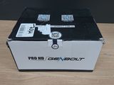 a black and white box on a table with some stickers on it