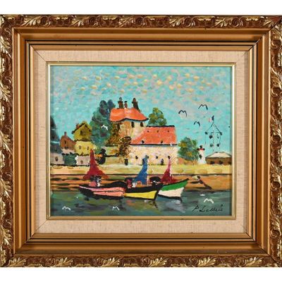une peinture à l'huile représentant des bateaux sur l'eau devant une maison