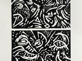 a black and white drawing of two squares with abstract designs