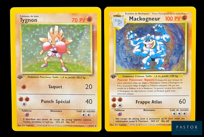 deux cartes Pokémon représentant un Pokémon bleu et un jaune