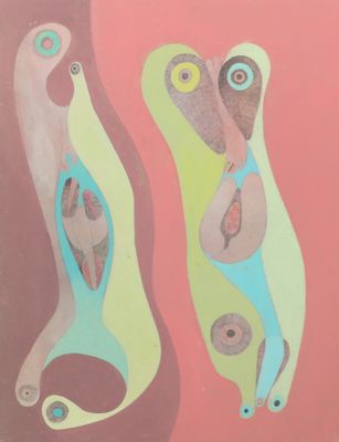 painting of two birds on a pink background with a red background