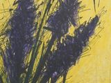 a painting of purple flowers in a vase on a table