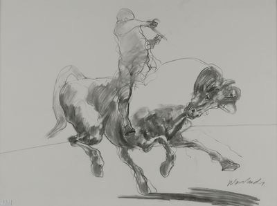 drawing of a man riding a horse with a lasset on his back