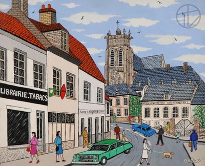 tableau représentant une scène de rue avec des passants et des voitures sur la route