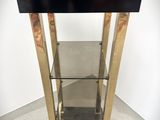 une photo d'une vitrine noire et dorée avec une étagère en verre