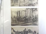 three pictures of people riding horses on the street