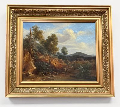 a painting of a landscape with a river in the foreground and a mountain in the background