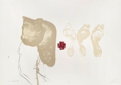 a drawing of a woman ' s face and foot prints on the wall