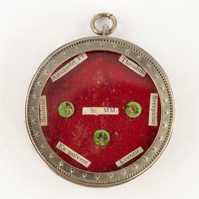a silver and red locke with a picture on it