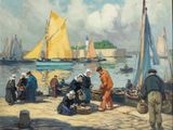 une peinture représentant un groupe de personnes sur la plage