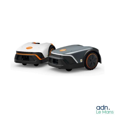 une image représentant une tondeuse robotisée et une tondeuse à gazon sur fond blanc