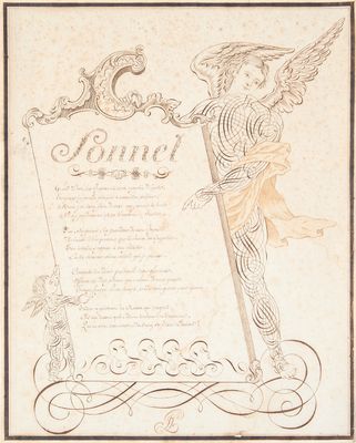 a drawing of an angel holding a sword and a scroll