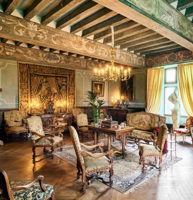 une grande pièce avec beaucoup de meubles et un lustre
