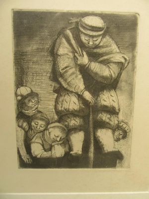 un dessin représentant un homme tenant un bébé et un enfant dans ses bras
