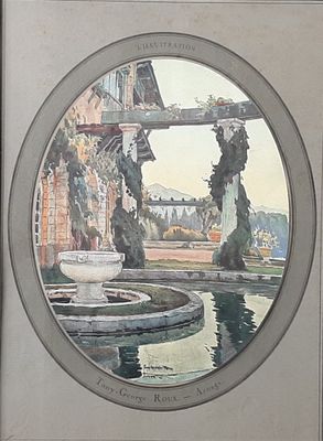 une photo d'un tableau représentant une fontaine au milieu d'un parc