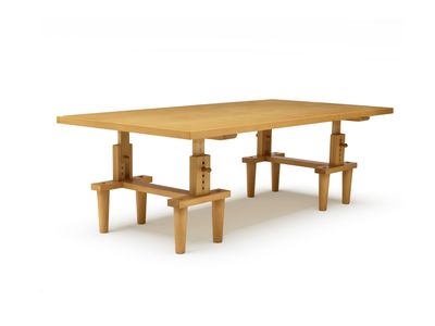 une table en bois avec des bancs en dessous, sur fond blanc
