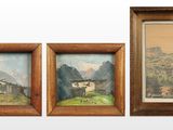 three framed paintings of a mountain scene with a village in the background
