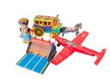 a small toy airplane and a toy train on a white background