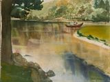 une aquarelle représentant un bateau sur une rivière