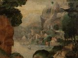 an image of a painting of a landscape with a river in the foreground