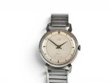 an image of a silver watch on a white surface with a white background