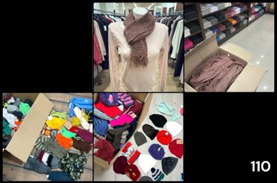many different pictures of clothes and scarves in a store