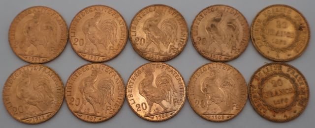 Dix pièces de monnaie en or à valeur faciale de vingt francs (dif...