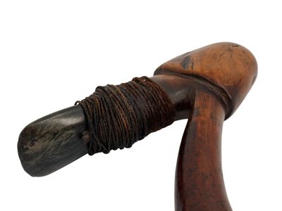 a close up of a wooden walking stick with a rope around it