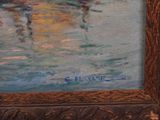 a painting of a boat on the water with people in it