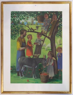 painting of a family gathering under a tree in a park