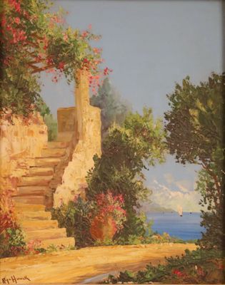 une peinture à l'huile représentant des marches menant à un bâtiment en pierre