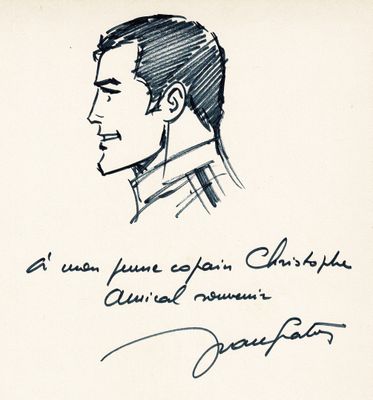 un dessin à l'encre représentant le profil d'un homme, accompagné d'une citation manuscrite