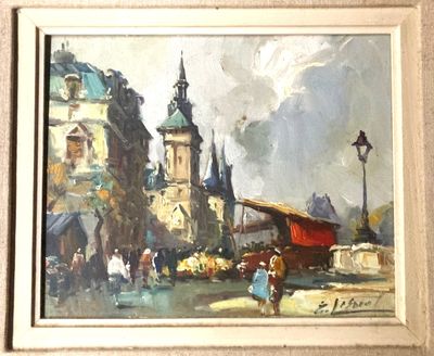 a painting of a street scene with people and buildings