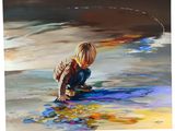 painting of a young boy playing in the water on a surfboard