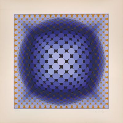 une image représentant un tableau avec un motif géométrique bleu et jaune